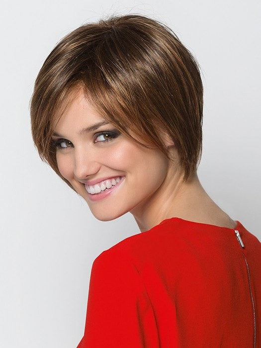 JAVA by Ellen Wille in TOBACCO ROOTED | Medium Brown Base with Light Golden Blonde Highlights and Light Auburn Lowlights and Dark Roots