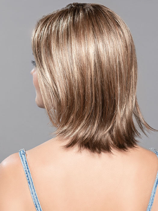 UNITED by ELLEN WILLE in TOBACCO ROOTED | Medium Brown base with Light Golden Blonde highlights and Light Auburn lowlights and Dark Roots